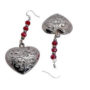Embossed heart earrings red glass crystals 925 silver plate earwires